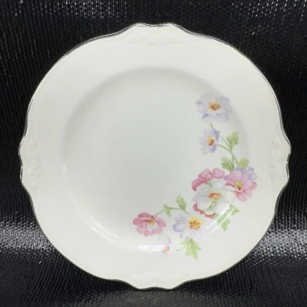 Homer Laughlin Virginia Rose Platinum Trim USA Rose Floral 6inch Plate Dish Set3